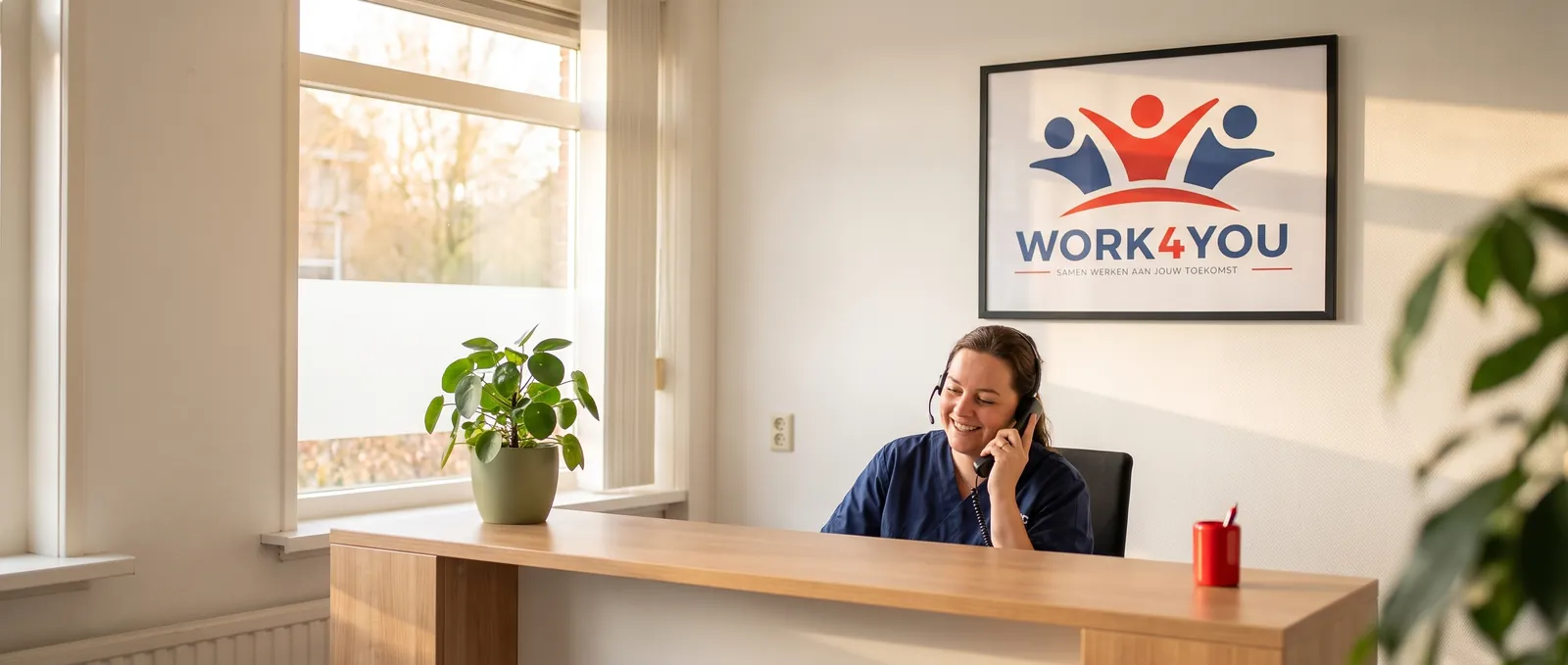 Medewerker op kantoor neemt de telefoon op