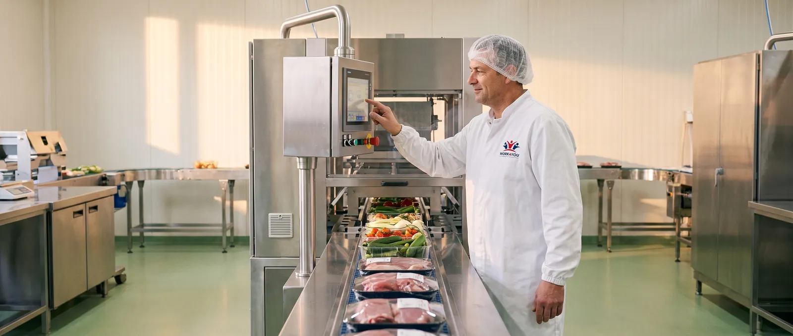 Productiemedewerkers aan een verwerkingslijn voor groente