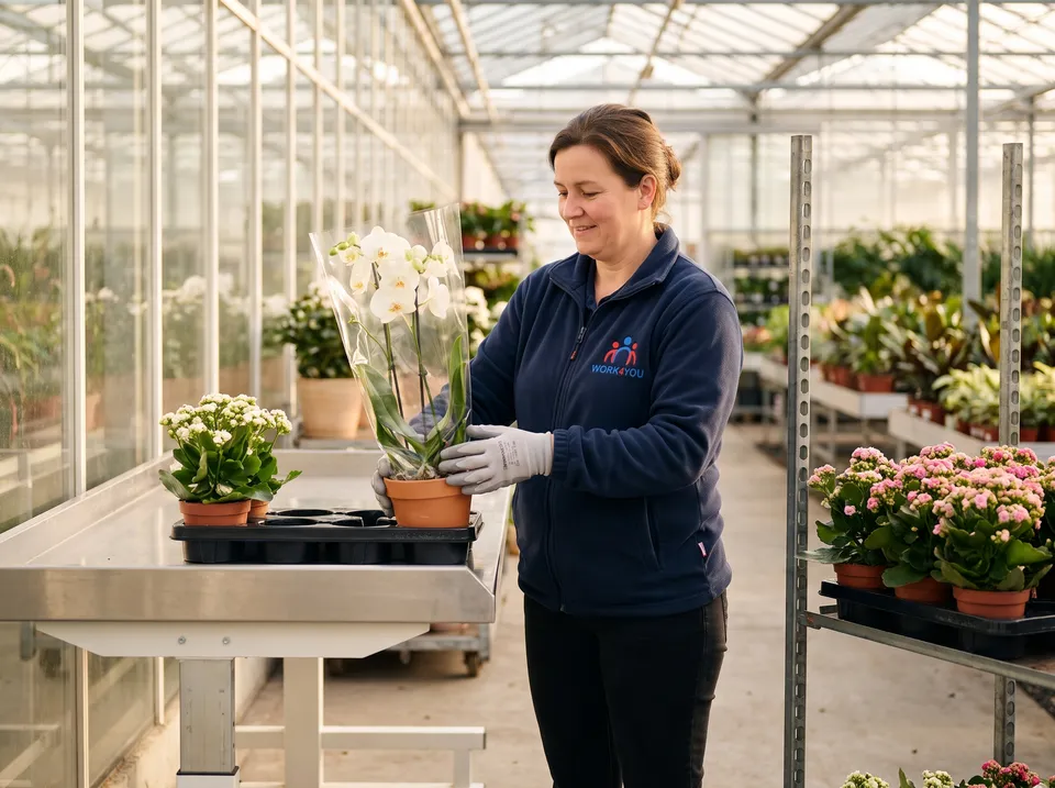 Productiemedewerker verpakt potplanten op een ergonomische werktafel