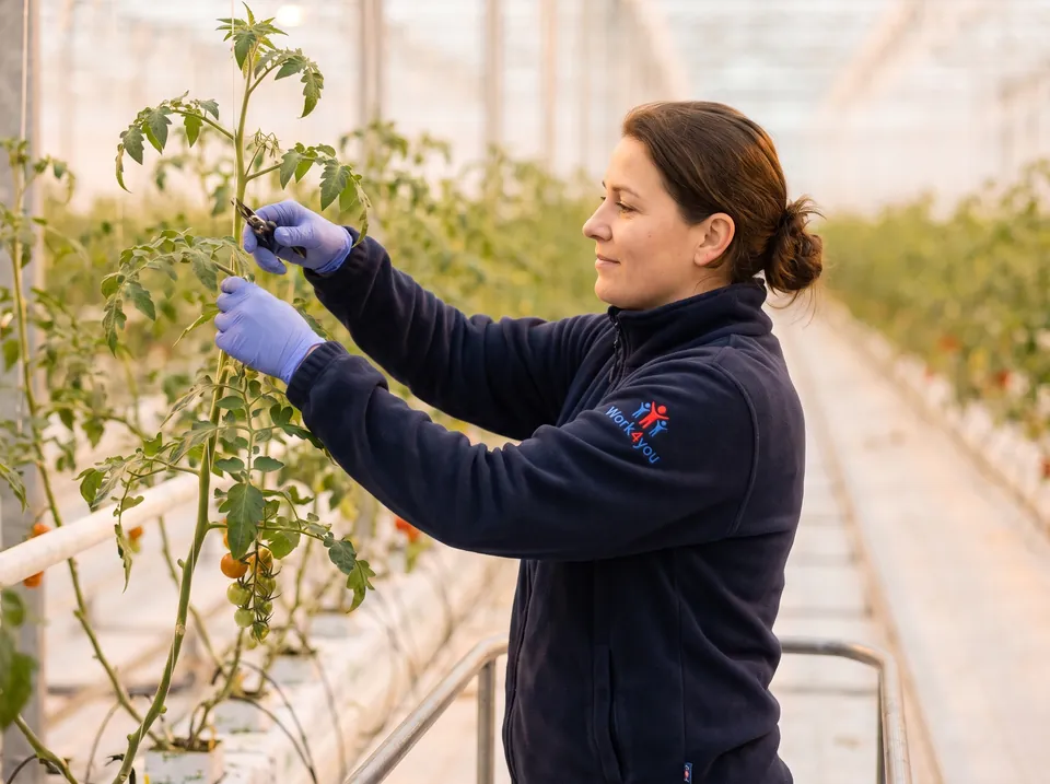 Medewerker gewaswerk op een buisrailkar in de kas
